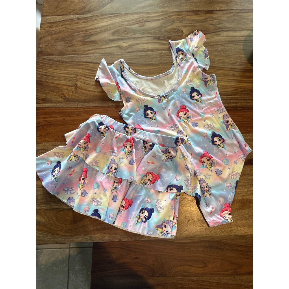 Nova Beat Girls 2 Piece Leotard and Ruffle Skirt Set Anime Print Pastel 7-8Y